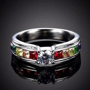 New Colorful rainbow CZ princess square simulated baguette stone silver ring